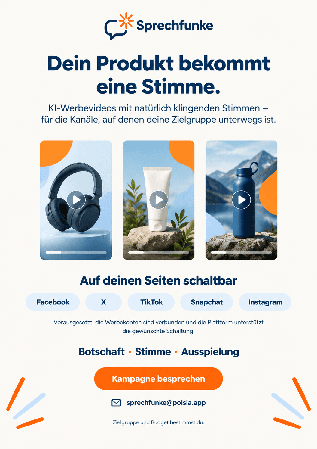 Sprechfunke-Flyer mit dem Angebot für KI-Werbevideos, Beispielmotiven, Werbekanälen und Kampagnenkontakt.